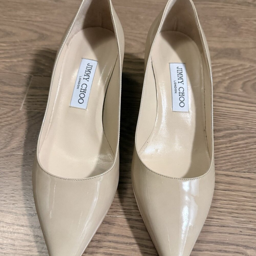 Jimmy Choo Nude Patent Leather Pointed Toe Pumps